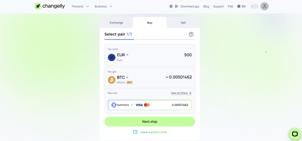 Changelly Bitcoin transactie stap 2