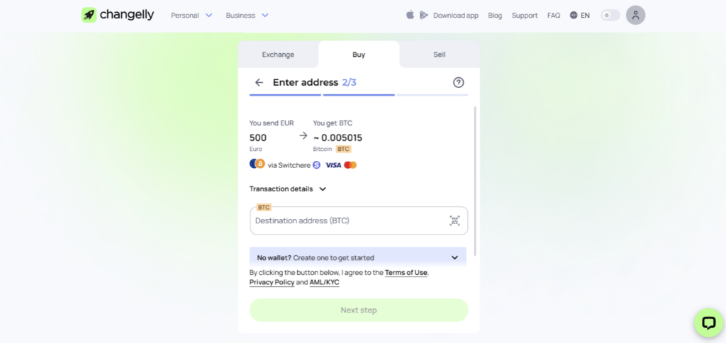 Changelly Bitcoin transactie stap 4