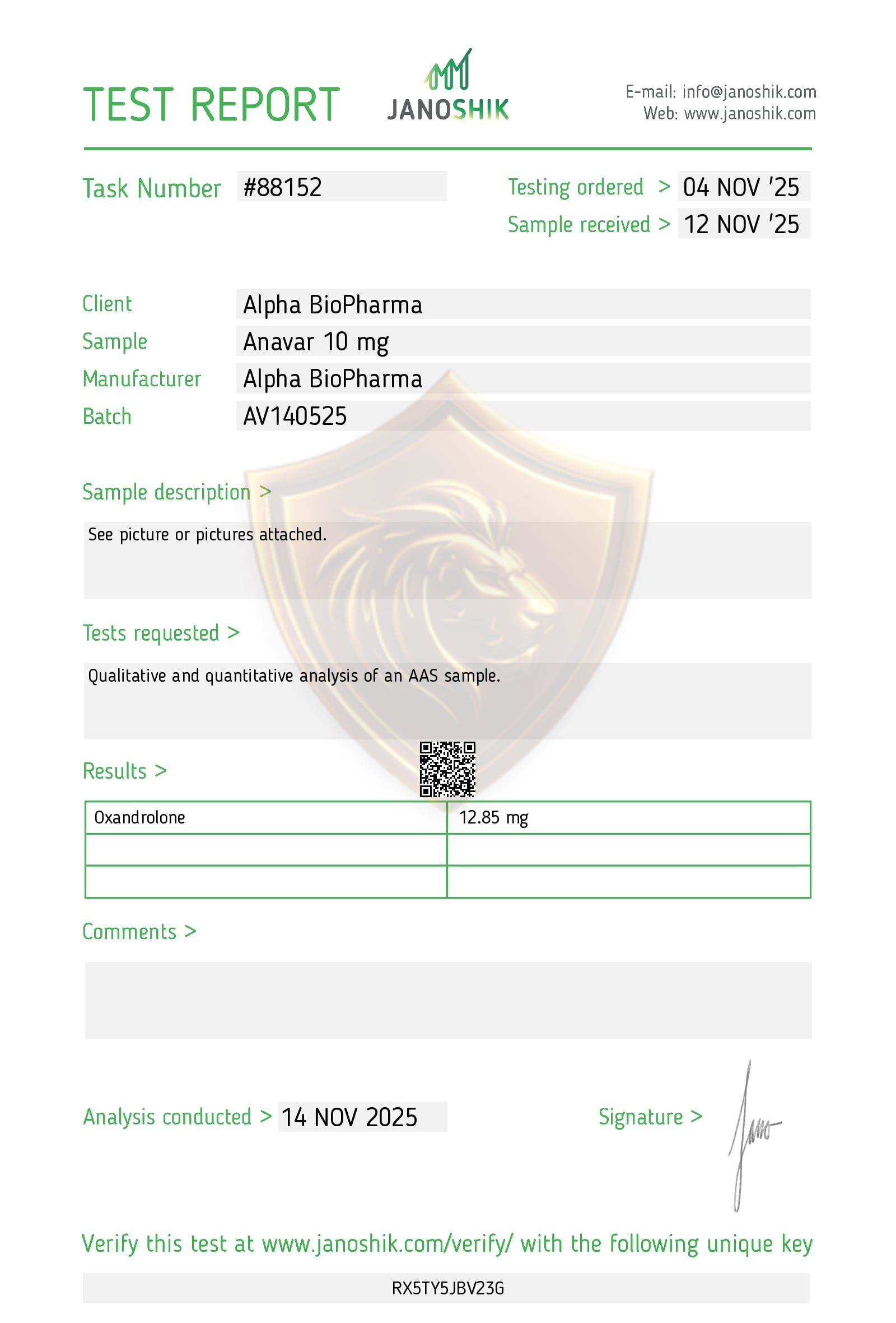 Janoshik labtest van Anavar (Oxandrolone) met zuiverheidsanalyse