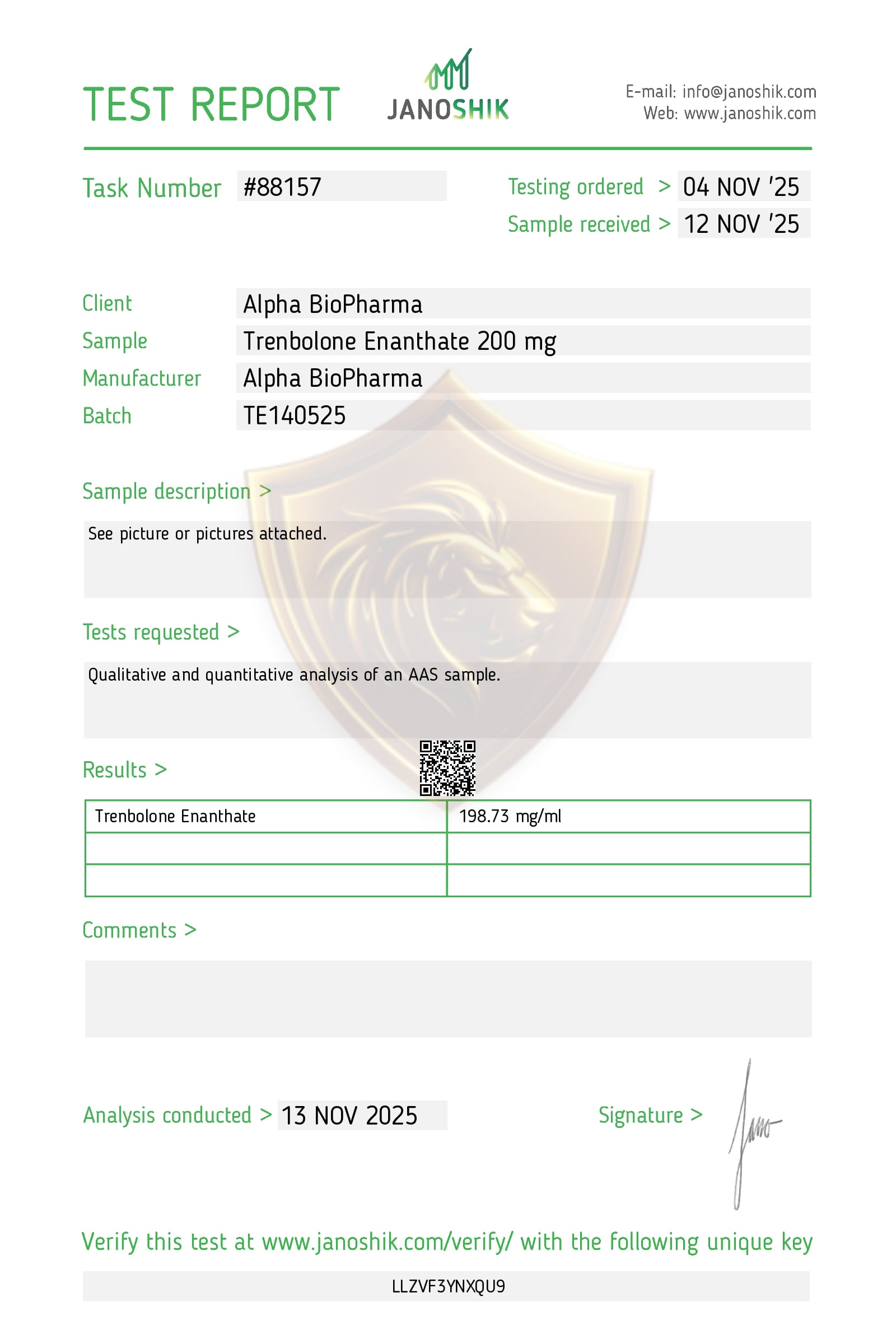 Janoshik labtest van Trenbolone Enanthate met zuiverheidsanalyse