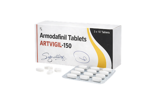 Linker zijaanzicht van Armodafinil (Artvigil) 150 mg – strip, doosje en losse tabletten.