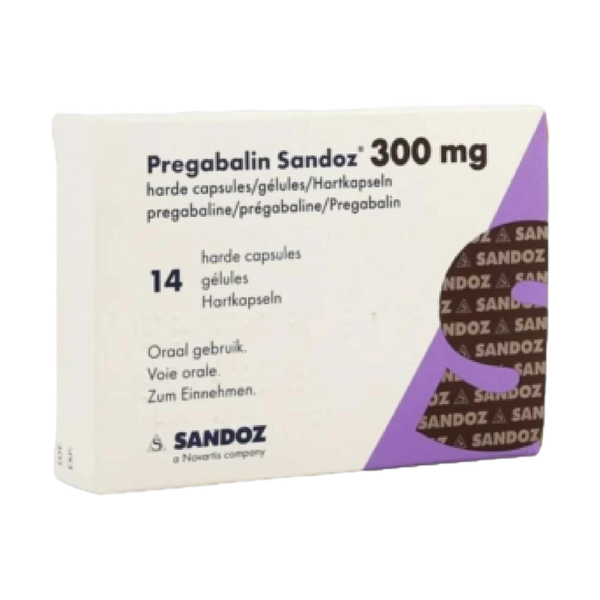Afbeelding van een doosje Pregabaline 300 mg van Sandoz, een medicijn voor de behandeling van zenuwpijn, angststoornissen en epilepsie.