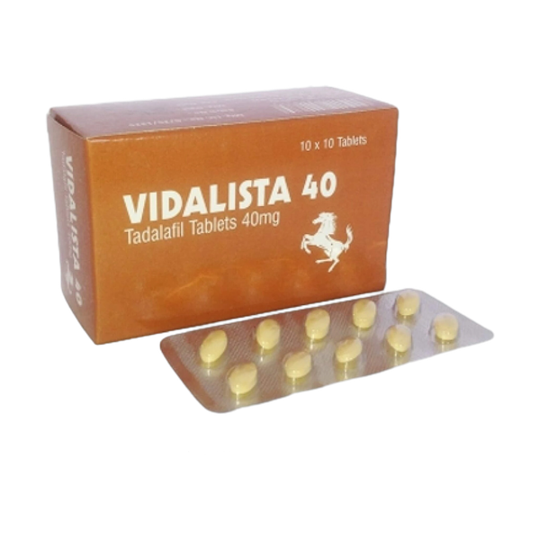 Doosje met een strip Vidalista 40 mg, een effectief middel voor de behandeling van erectiestoornissen.