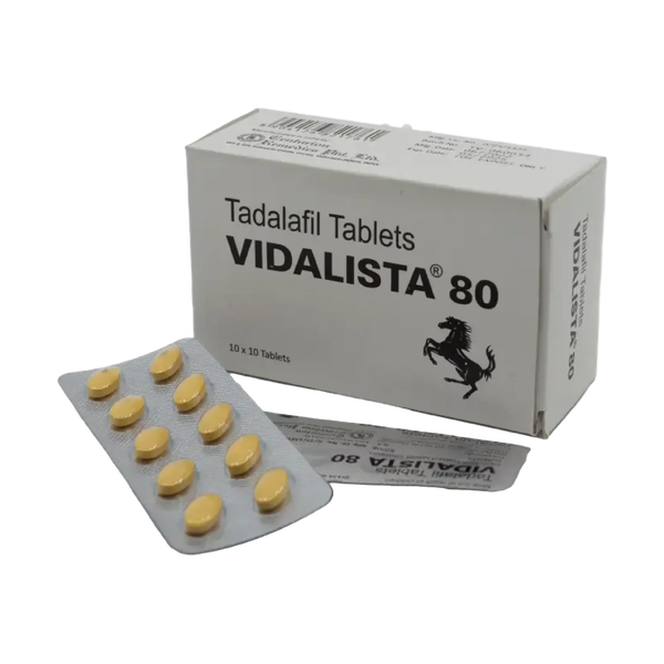 Doosje met een strip Vidalista 80 mg, een krachtige tadalafil-behandeling voor ernstige erectiestoornissen.